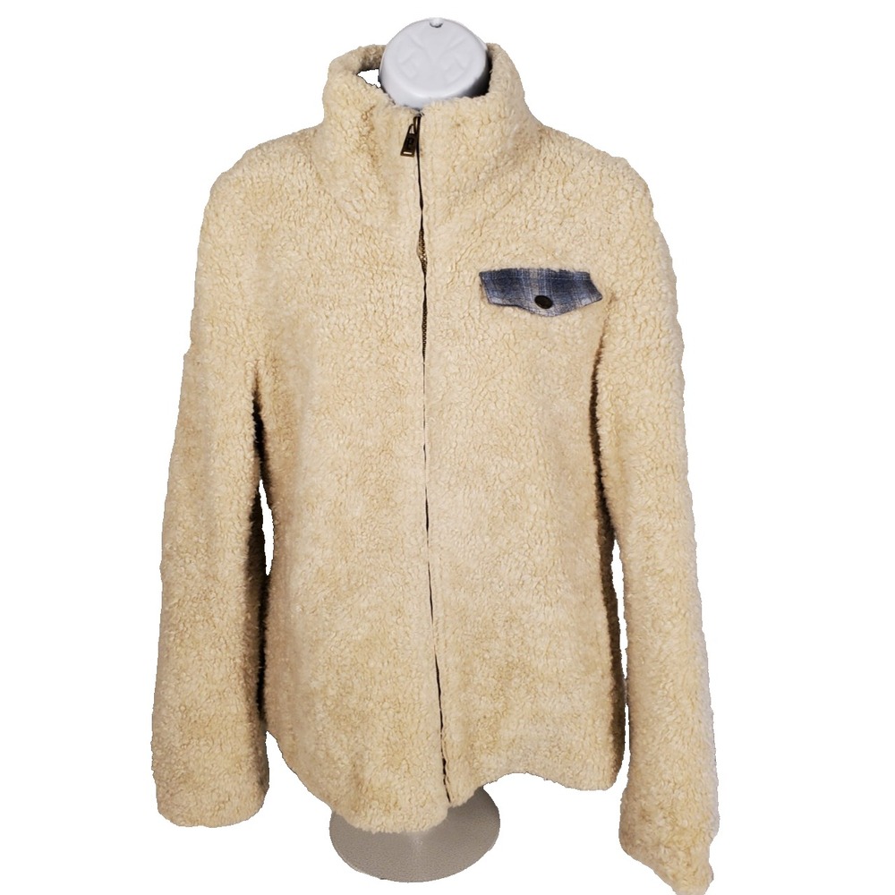 Pendleton Womens Small Sherpa Fleece Jacket White Ivory Plaid Trim Full‎ Zip